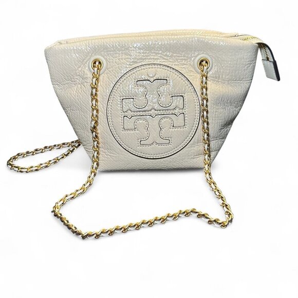Tory Burch Women's Ella Crinkle Patent Chain Crossbody - Oat/Cream NWT - Picture 1 of 14